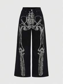 ROMWE Grunge Punk Y2K Retro Sexy Skull Print Low Waist Loose Wide Leg Jeans - Black - View 1