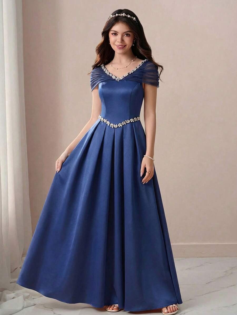 Pitira 少女藏蓝色纯色网纱拼接水钻装饰腰部修身A字连衣裙，适合晚宴、婚礼等场合 - 寶藍色 - 查看 1