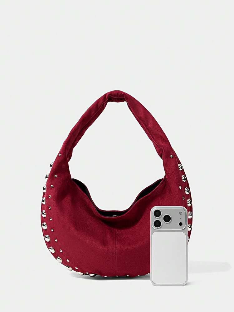 SHECARRY Bolso de hombro de mujer de unicolor con tachuelas de moda - Burdeos - Añade 3