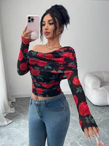 SHEIN Elenzya Élégant Top transparent à manches bouffantes avec imprimé floral, T-shirt pour femme pour la Saint-Valentin - Multicolore - Voir 1