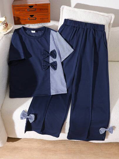 2pcs Girls Casual Knit & Woven Patchwork Outfit, Bow Decor, Round Neck Short Sleeve T-Shirt, Split Hem Long Pants Set, Regular Thickness, Suitable For Daily Wear, Outings, School, Parties, Fits 8-12 Years Old, Spring/Summer