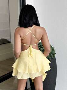 Alexandranx 女式性感简约纯色交叉露背多层下摆吊带背心迷你连衣裙，夏季 - 黃色 - 查看 2