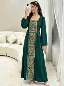 SHEIN Elegant Luxurious Solid Olive Green Square Neck Gold Thread Decor Ruffle Waist Tie Lantern Sleeve Dress, Abaya Style Dress, Girls Spring Autumn Dress, Everyday Wear, Arabic Jalabiya Dress, Dignified Embroidered Green Dress Dark Green Dress Long Sleeve Green Dress Elegant Green Dress Green Dresses For Women Muslim Girl Dress - Dark Green - View 3