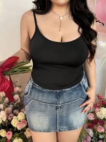 CovetEZ 大码女士基本款性感蕾丝拼接吊带背心 - 黑色 - 查看 2
