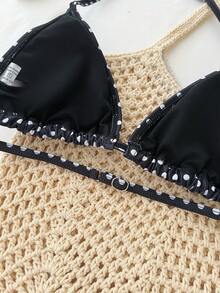 Teen Girls Black Polka Dot Spaghetti Strap Camisole & Leopard Print Bikini Top And Bottom Swimsuit Set, Summer Holiday, Beach Vacation