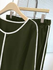 EMERY ROSE Plus Size Women's Contrast Color Round Neck Long Sleeve Shirt And Wide Leg Pants Casual 2 Pieces Set - Army Green - View 8