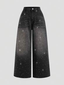 Maija Quần jeans ống rộng dáng suông, đính đá, thời trang thường ngày cho nữ, thích hợp đi làm, phong cách đường phố. - Rửa trung bình - Xem 7