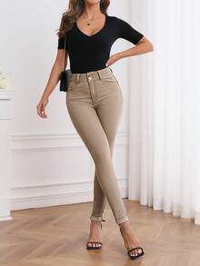 SHEIN PETITE Quần jeans nữ cạp cao, có túi, dáng ôm, thoải mái, đa năng. - Màu Khaki - Xem 4