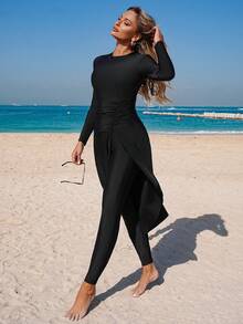 Swim Mulvari Women's New Ruched High Neck Long Sleeve Burkini Two Pieces Dress, Swimsuit With Long Pants, Middle East Beach, Cruise, Vacation, Swimming, Sun Protection, Casual Beach - Black - View 4