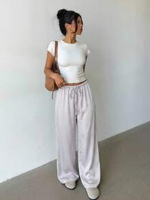 Aloruh 女士低腰休闲复古缎面百搭棕色长裙 - 淡紫色 - 查看 3