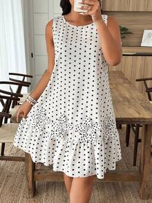 Weeklong Đầm chữ A dáng rộng, họa tiết chấm bi hoa dành cho nữ cỡ lớn, thích hợp cho mùa xuân/hè. - trắng - Xem 1