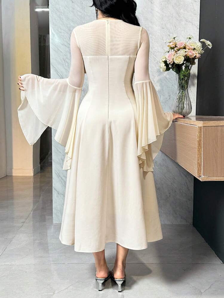Women's Elegant Patchwork Ruffle Flare Sleeve Mid-Length Dress, Spring/Summer Wedding Guest Dress Maxi Dress Sundress