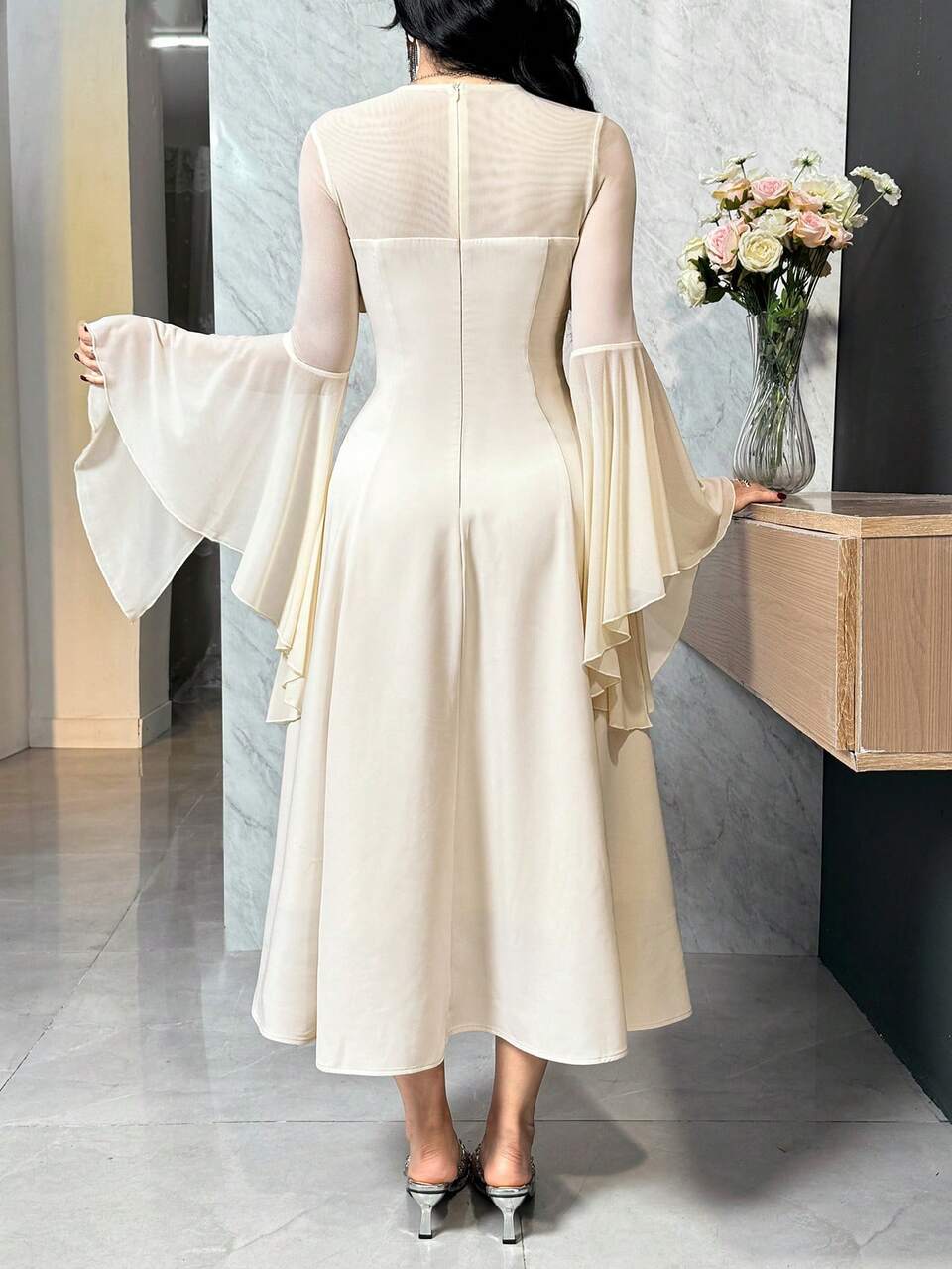 Women's Elegant Patchwork Ruffle Flare Sleeve Mid-Length Dress, Spring/Summer Wedding Guest Dress Maxi Dress Sundress