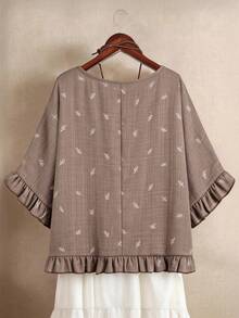 SHEIN LUNE CURVE 大码休闲假日树叶刺绣荷叶边衬衫 - 杏色 - 查看 2