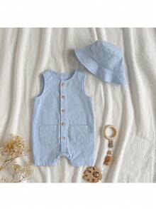 Loomiva Bộ đồ 2 món cho bé gái sơ sinh: áo liền quần không tay kẻ sọc nhiều màu sắc và mũ. - Màu xanh lam - Xem 8