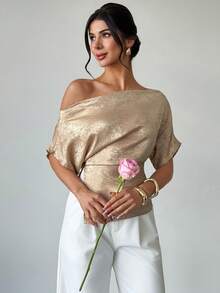 Firerie 女士优雅简约精致都市时尚度假休闲日常不对称下摆宽松金属涂层金色衬衫 - 金色 - 查看 3