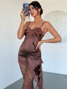 Firerie Elegant Romantic Urban Chic Bohemian Festival Party Music Festival Valentine's Day Date Sexy Lace Sheer Patchwork Asymmetric Hem Side Slit Backless Camisole Top And High Waist Lace Sheer Wide Leg Pants Brown 2 Piece Set - Brown - View 4