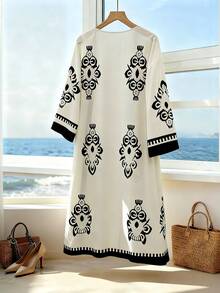 GlowEve Women's Pattern Vacation Daily Casual Beach Cover-Up, Versatile For Commute, Business, Holiday, Early Spring/Summer, Mid-Length Thin Cover Up Jacket, Beige Base With Black Print