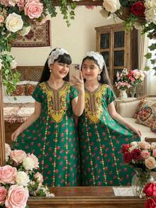 SHEIN Tween Girls' Casual Elegant & Cute Floral Tassel Decor Dress - Green - View 9