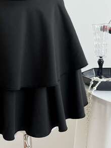 Elamini 女士黑色深V领露背荷叶边迷你连衣裙，性感度假风，派对装扮 - 黑色 - 查看 5