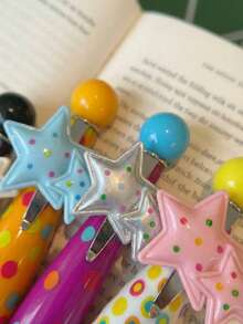 Joivida 可爱星形笔，卡通美学圆珠笔套装，柔软星形按压式凝胶笔，适用于书写、日记、笔记、办公用品、可爱桌面配件、文具礼品创意 - 彩色 - 查看 4