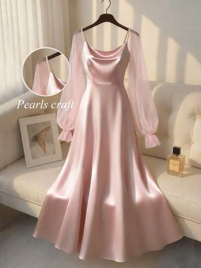 Franclia Women's Elegant Satin Pearl Decor Long Sleeve A-Line Dress, Suitable For Commuting, Parties And Events