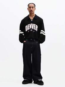 SUMWON Crop Fit Denver Varsity Style Long Sleeve Polo Shirt With Front Logo Chest Print Collared Casual Streetwear Top - Black - View 3