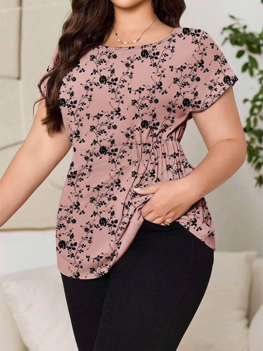 Reflora Plus Size Women Casual Floral Print Round Neck Short Sleeve Shirt - Multicolor - View 1