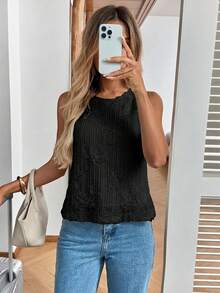 SHEIN LUNE 女士休闲条纹无袖露脐上衣 - 黑色 - 查看 6