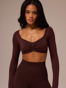 Musera Sport Áo bra thể thao tay dài, nhún bèo phía trước, thích hợp cho tập luyện thể dục, tập gym, pilates, thể hình, mặc hàng ngày. - Màu nâu Sô-cô-la - Xem 2