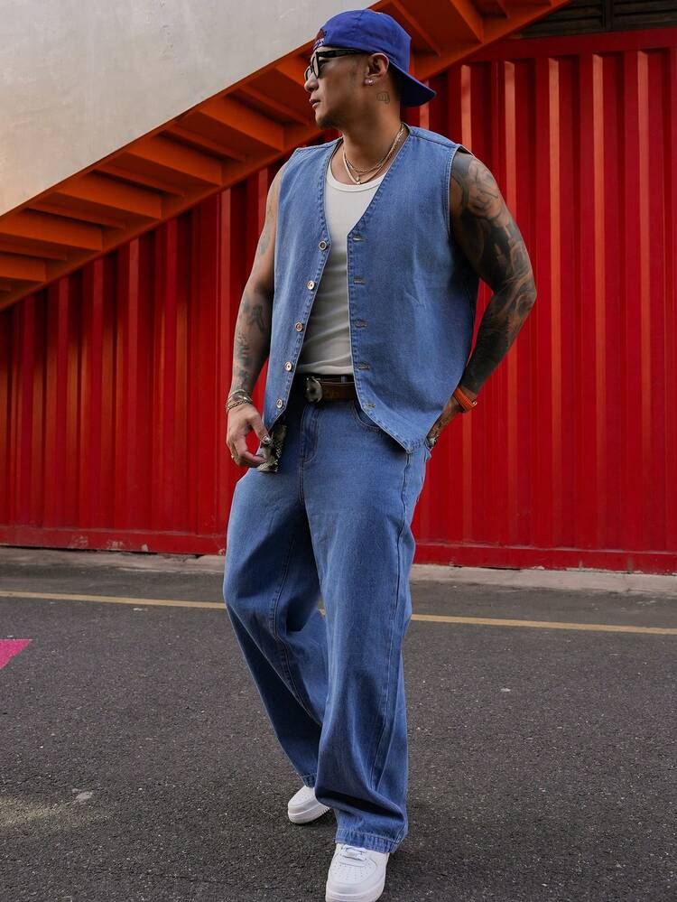 Men's Solid Blue Washed Denim Top & Pants Suit, Spring/Summer
