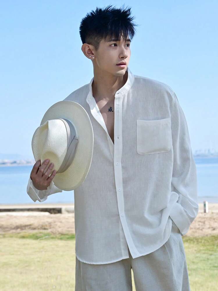 Men's Solid White Casual Dress Shirt, Spring/Summer Long Sleeve Tops Women