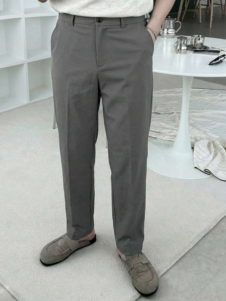 Men's Solid Gray Elastic Fabric Slim Fit Pants, Spring