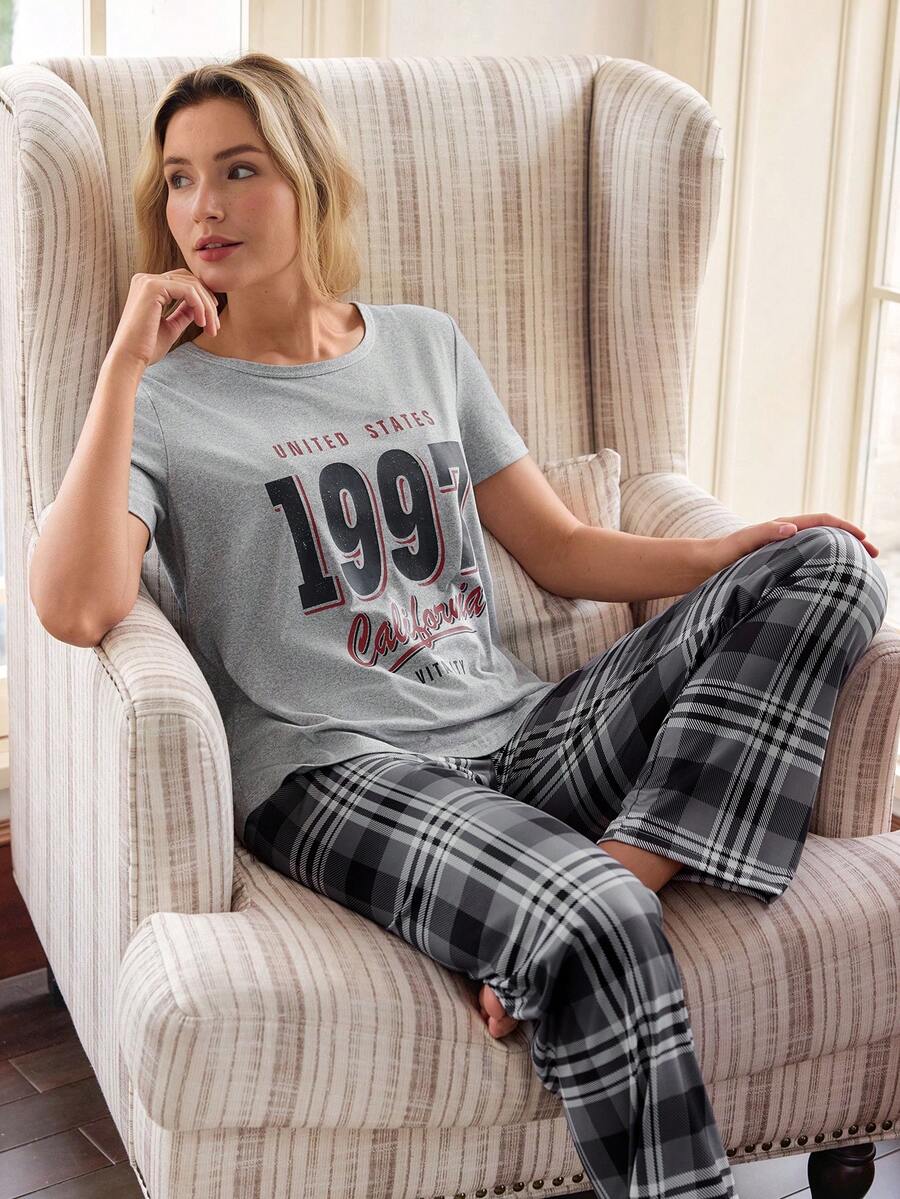 SHEIN Doze Lane 女士休闲格子字母印花睡衣套装