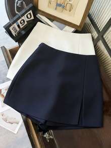 Franclia Fashionable Casual Commute Versatile Textured Soft Fabric High Waist Slit Gray Women Shorts/Skirt/Culottes/Hot Pants, Spring/Autumn - Navy Blue - View 3