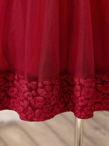 Tween 女童 V 领无袖豹纹提花网眼下摆优雅连衣裙 - 酒紅色 - 查看 7