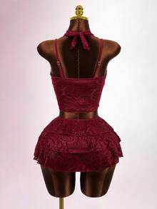 Zestiva 女士夏季度假休闲沙滩套装，纯色深红色四件套可调节比基尼套装，包括裹身式上衣、挂脖式上衣、蛋糕裙和泳衣 - 酒紅色 - 查看 2