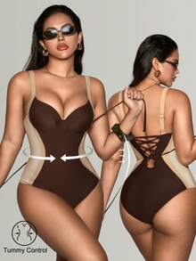 Shapewave Women's One-Piece Swimsuit, Color Block Design, Underwire Cups, Backless Tie Strap, Tummy Control, Suitable For Beach, Vacation In Summer - Multicolor - View 9