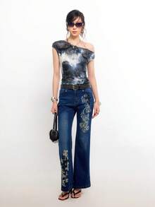 Bloopia Áo ôm dáng nhuộm tie-dye đen trắng dành cho nữ - Đen và trắng - Xem 3