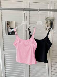 SHEIN EZwear 2件組夏季休閒純色百搭細肩帶背心上衣，可愛女款瑜伽平織吊帶背心女裝 - 彩色 - 查看 2
