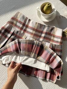 SHEIN EZwear 大码女式休闲格子百褶裙，粉色，秋冬款 - 紅色 - 查看 8