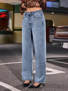 SHEIN PETITE Women's Loose Casual Versatile Straight Leg Jeans With Pockets - Light Wash - View 3