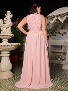 VOLUPTÉ CURVE Plus Size Summer Pink Rhinestone V-Neck Sleeveless High-Waist Floor-Length Gown For Wedding Guests, Parties, Going Out, Birthdays, Graduation - Pink - View 5