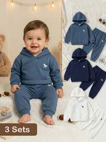 SHEIN 3pcs Baby Boy Casual Loose Fit Hooded Knit Sweatshirt + Loose Cuffed Knit Pants Set, Autumn/Winter - Multicolor - View 1