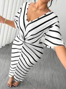 SHEIN Elenzya Fitted Plus Size Elegant Striped Long Dress For Women With V Neck Half Sleeve And Asymmetrical Wrap Detail - White - View 3