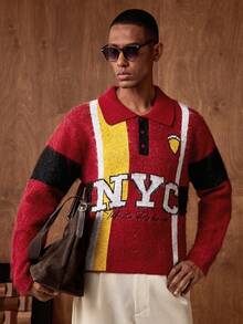 AKNOTIC Business Casual Men's Red Letter Jacquard Long Sleeve Polo Neck Casual Sweater,Autumn Graphic Streetwear Knit 90s Y2k Fashion Graduation Back-To-School NYC Jersey - Red - View 3