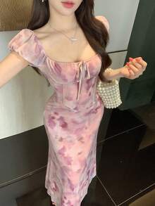 DAZY 女士扎染心形领修身长裙 - 米色 - 查看 7