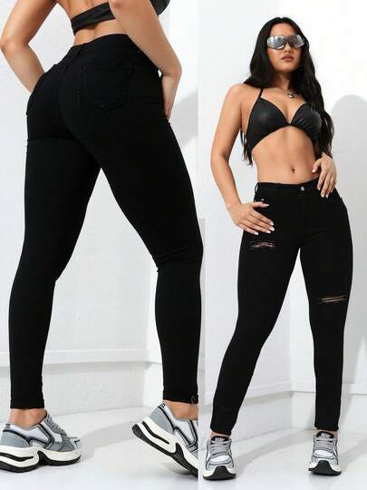 Jeans Skinny con Puños Anchos y Rotos de Color Negro para Mujer, Pantalones Modernos y Ajustados