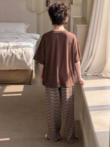 DAZY Tween Boys' Solid Color Casual Round Neck Short Sleeve Top And Striped Pants Pajama Set - Brown - View 7