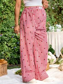 SHEIN 孕妇休闲格子草莓刺绣裤 - 紅色 - 查看 5